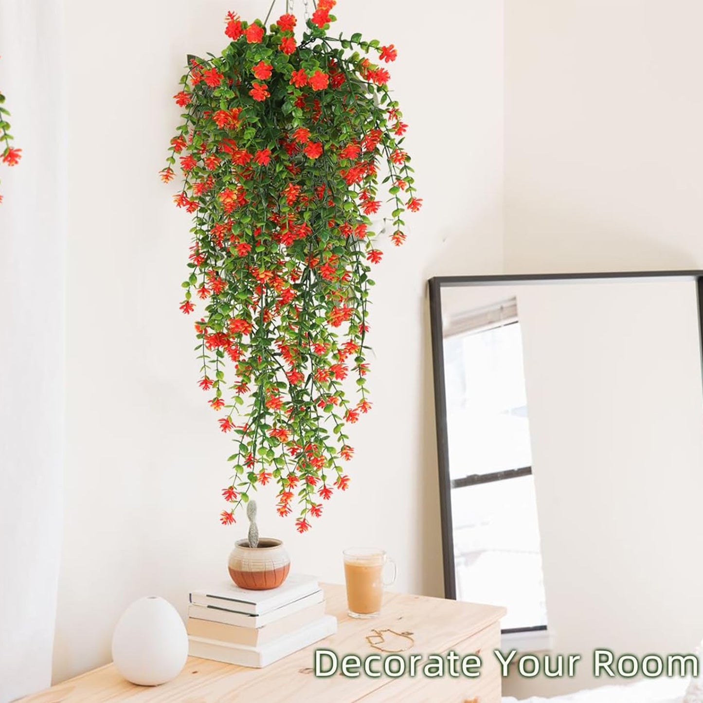 Two to three pieces of artificial Eucalyptus Camellia hanging plants with red flowers, suitable for indoor and outdoor decoration.