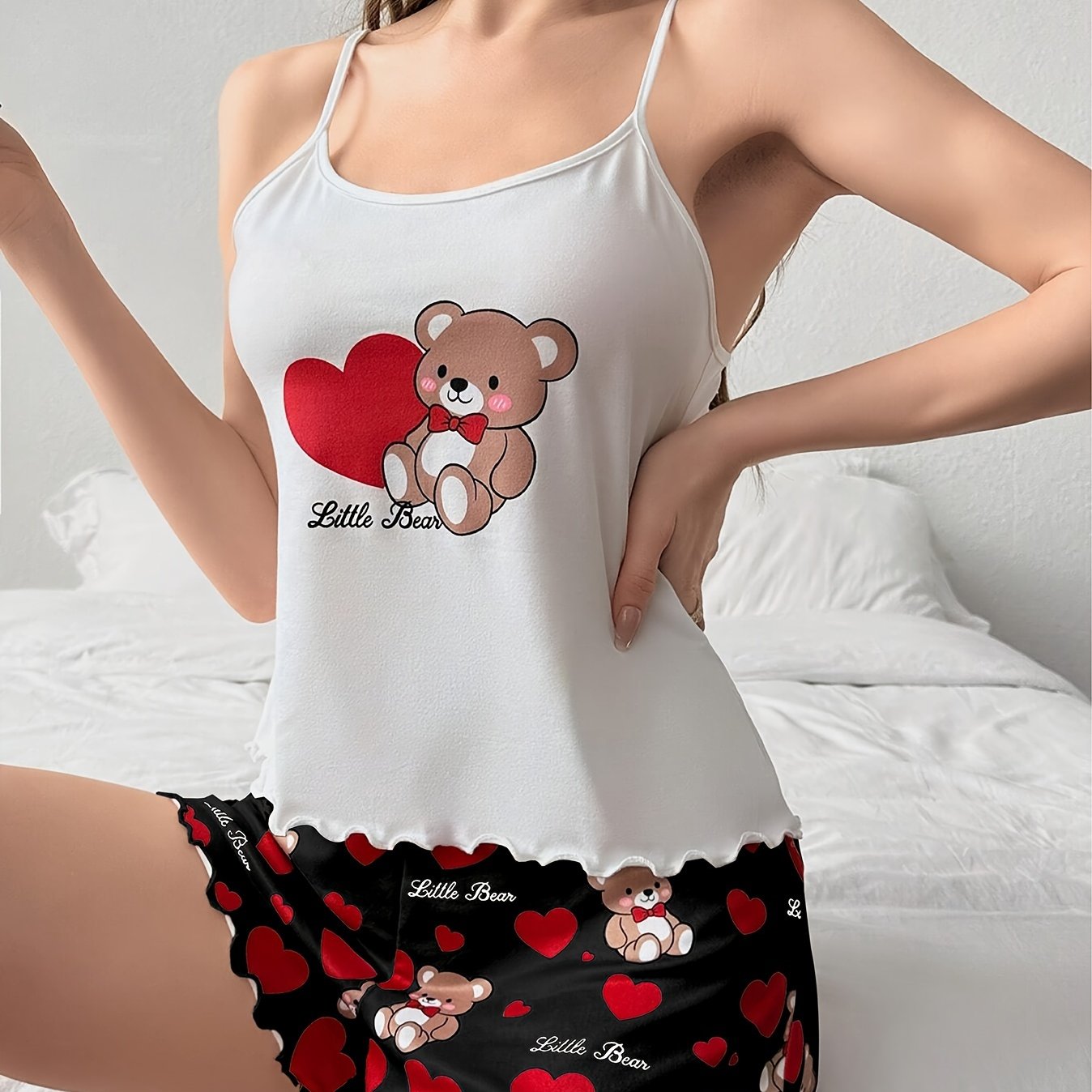 Bear heart printed frill trim pajama set with round neck backless cami top and elastic shorts for women's sleepwear.