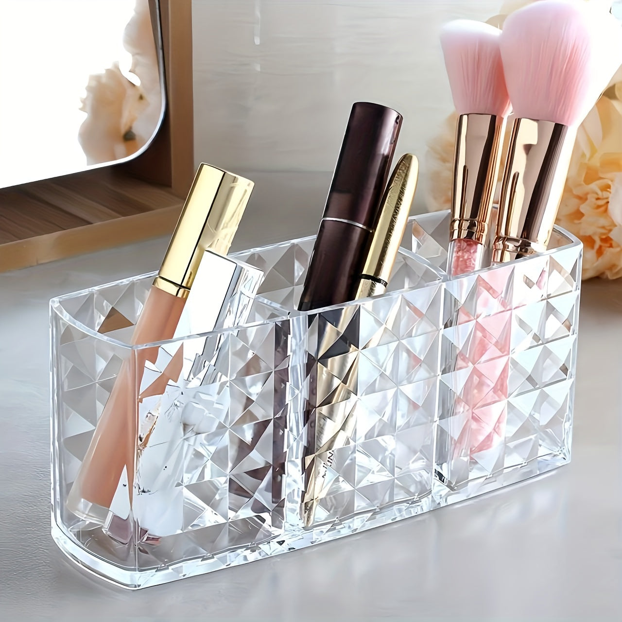 Clear plastic makeup brush holder with large capacity for organizing cosmetics on vanity or bathroom countertop. Lightweight, independent design with no electricity needed. Under 3.2 cubic feet storage and less than 68.58 cm tall. Stylish and clear