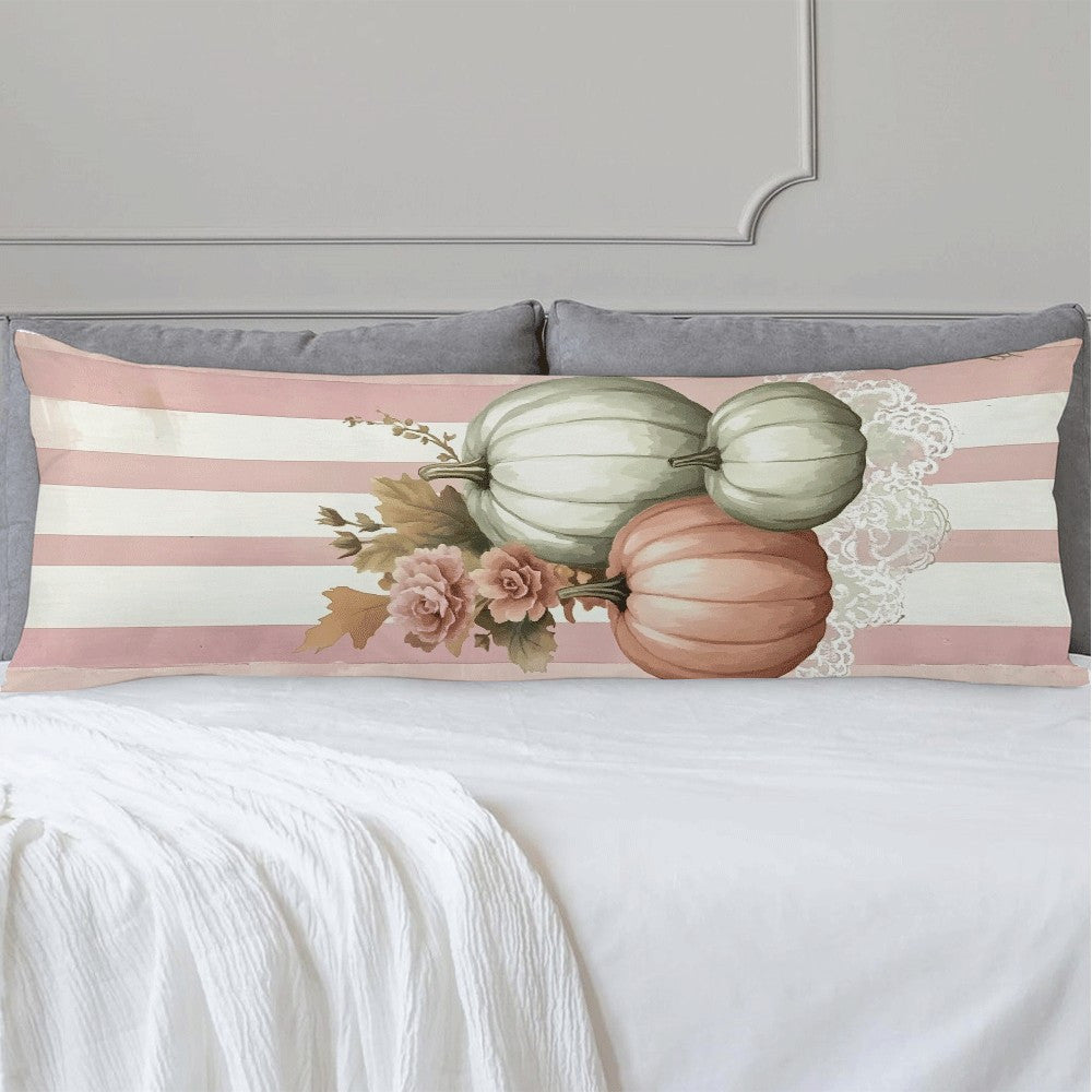 This cozy flannel long pillow cover in a pink pumpkin design measures 137.16x50.8cm. It features a zipper closure and is machine washable, making it perfect for all-season use. The casual style and love theme make it ideal for back sleepers and suitable