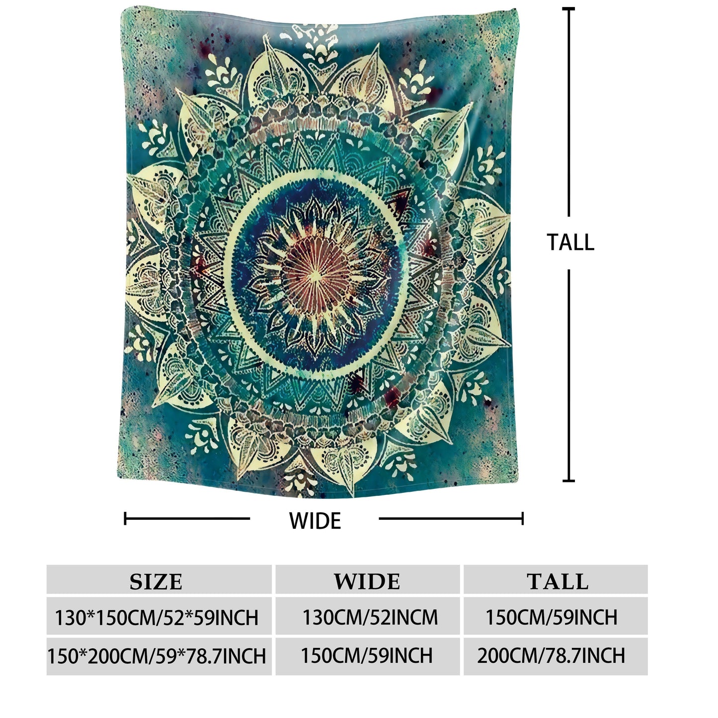 Bohemian Style Mandala Fleece Blanket - This cozy blanket features vibrant blue, green, and yellow patterns, making it the ideal addition to your sofa, bedding, or for napping. Made from soft polyester, this blanket is perfect for all seasons and makes a