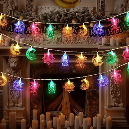 Battery-powered LED string lights designed as decorative palace lanterns featuring stars, moon, and castle design for Middle Eastern festivals and celebrations. Perfect for hanging or