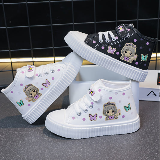 Cute high-top canvas shoes for girls featuring cartoon character, durable sole, and breathable design - perfect for everyday wear in spring and autumn.