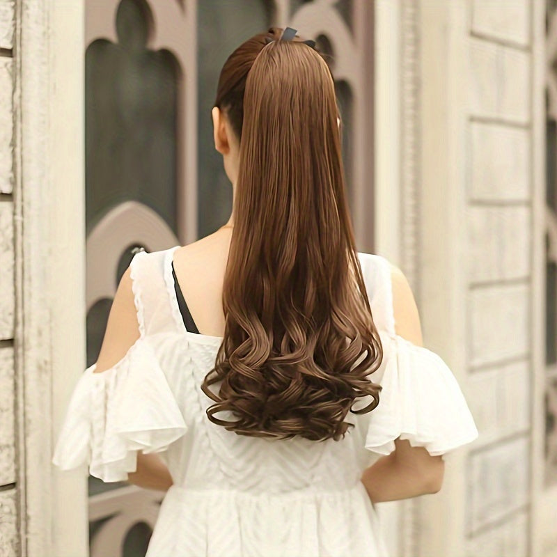 Stylish brown ponytail wig with ribbon tie made of high-temperature synthetic hair, perfect for all women.