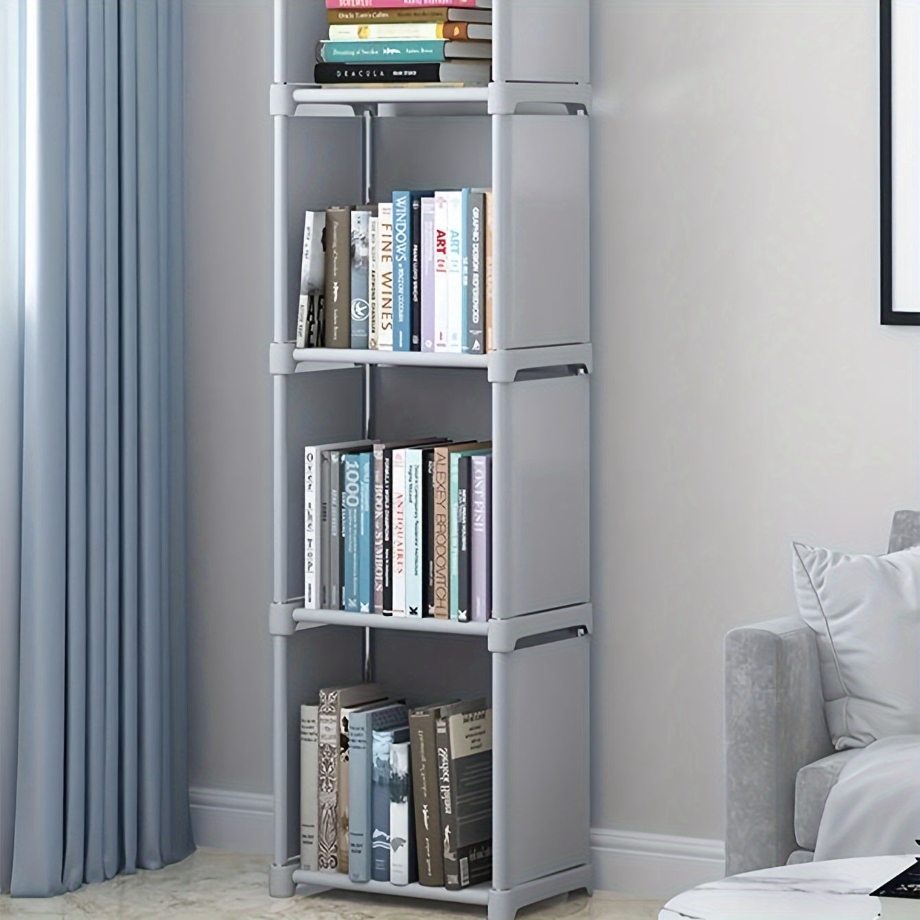 1 set of 4-storey multifunctional bookshelf, easy-to-assemble, floor-standing, stackable, and detachable storage rack for household use in the bedroom, kitchen, or living room.