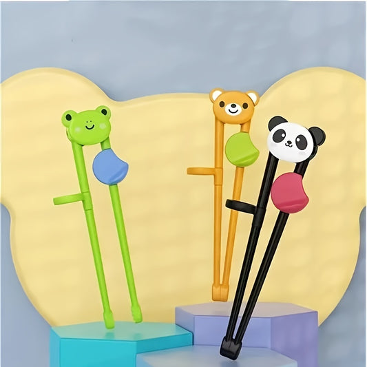 Colorful animal-themed training chopsticks with cute panda, tiger, and bear designs. Durable plastic perfect for kids to learn dining etiquette.