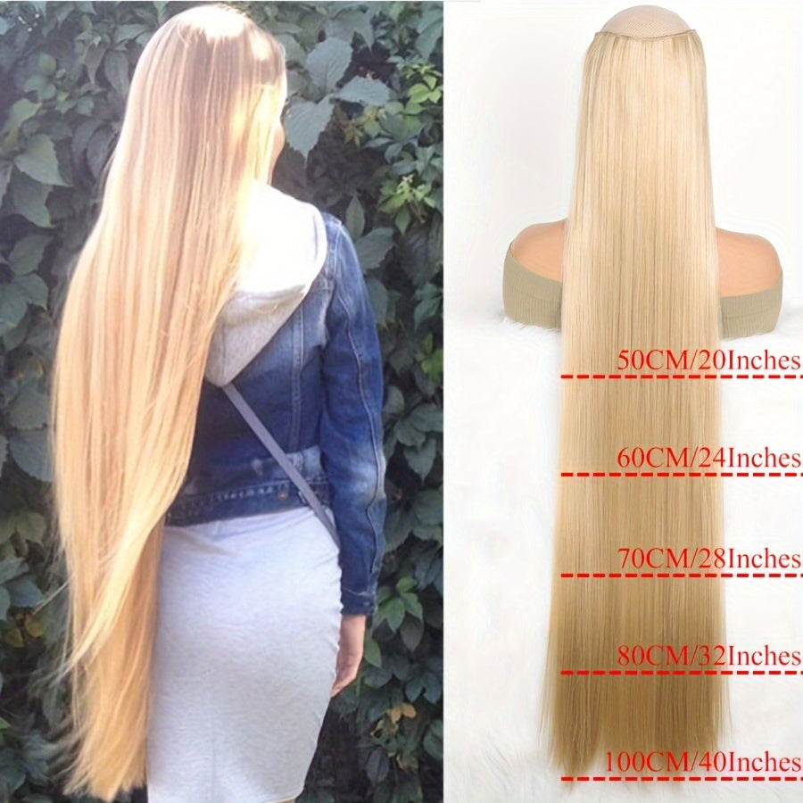 Synthetic Super Long 5 Clip In Hair Extension in Black/Brown/Blonde, extra-long straight hair, one-piece fake hairpiece for women. Available in lengths from 50cm to 100cm, ideal for daily