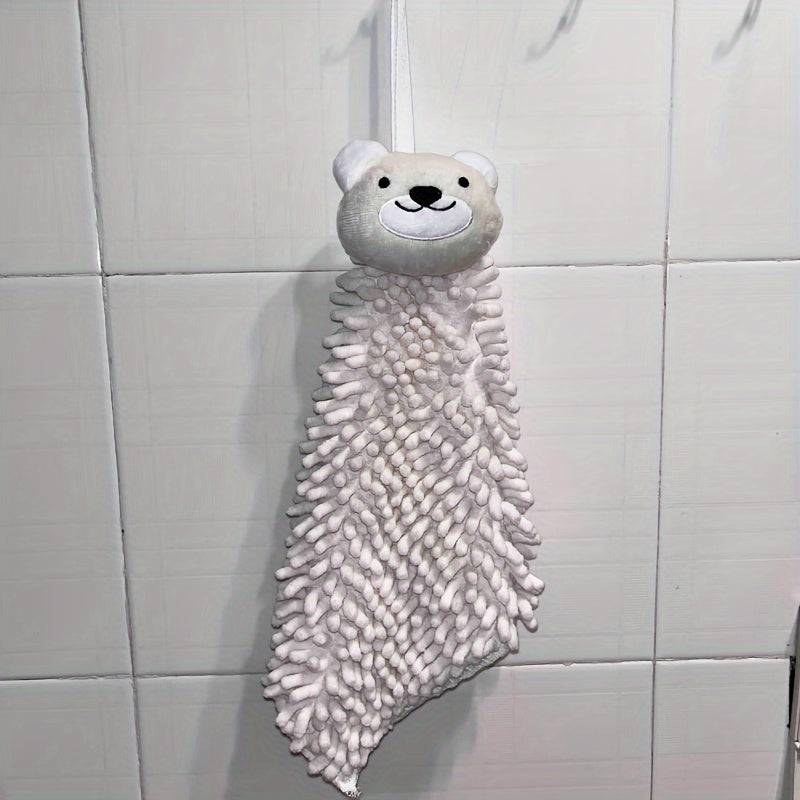 Chenille hanging towel with quick-dry, cute cartoon design and loop for bathroom.