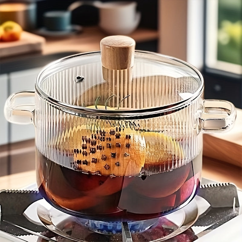 Glass saucepan with a lid, 1550ml capacity, made of clear high-temperature resistant glass. Suitable for stovetop cooking, dishwasher safe, and microwave compatible. Features a double handle and flat bottom, perfect for making soup, noodles, and stews.