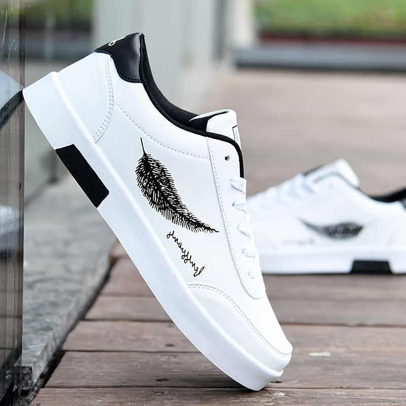 Men's sleek white sneakers with feather design for casual wear, walking, jogging, and travel. Non-slip lace-up low tops with PU upper and PVC sole. Sporty and versatile for outdoor