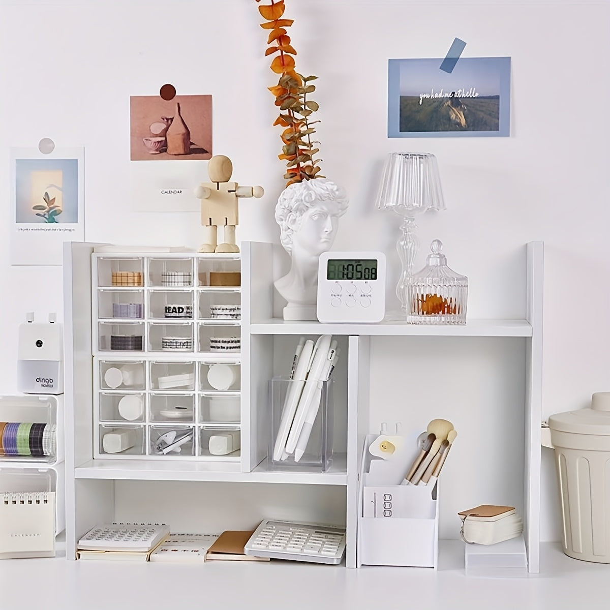 White wooden desk organizer with bookshelf for office and dorm storage; keeps workspace tidy.