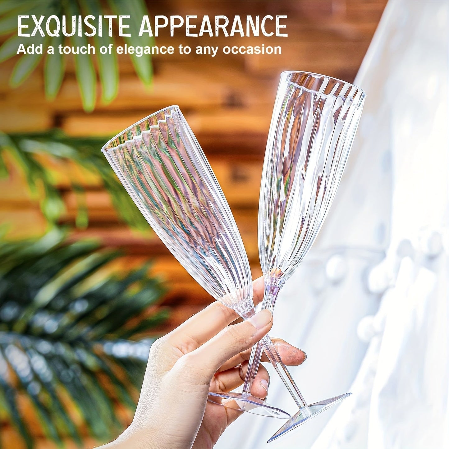 Set of 8 clear plastic flute glasses, 6 oz capacity, perfect for everyday use at home or special occasions like weddings. Ideal for toasting with champagne or other drinks at parties and weddings. Disposable and durable, making clean-up a breeze. Great