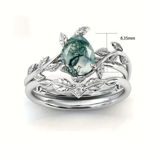 Boho Chic Promise Ring Set with Moss Agate Stone in 925 Sterling Silver, Silver-Plated, Perfect for Women's Engagement or Wedding Jewelry