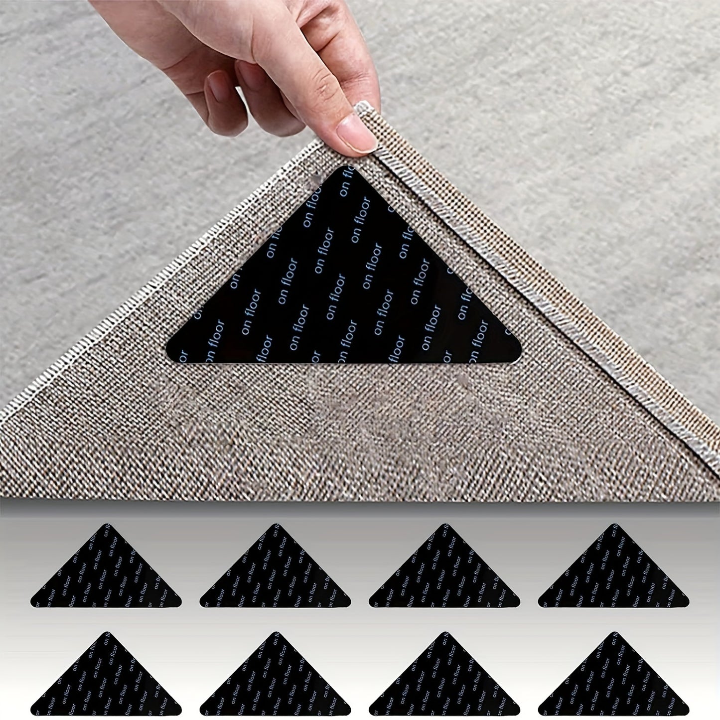 8/12pcs Triangle Non-Slip Rug Corner Pads in Black prevent rugs from moving in living room, dining room, or bathroom.