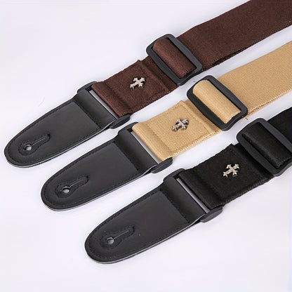 Embroidered Cross Guitar Strap - Adjustable shoulder strap for electric, bass, & ukulele - Available in black, coffee, khaki.