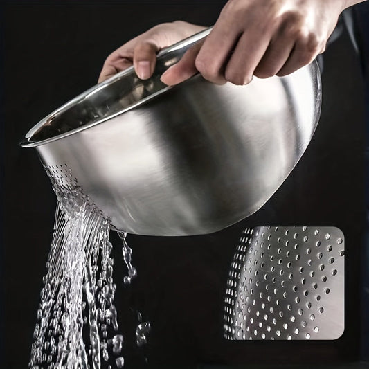 A durable stainless steel colander with fine mesh for straining, featuring a slant bottom draining bowl perfect for washing rice, vegetables, fruits, beans, and pasta. This kitchen colander is designed for quick draining with food-safe materials.