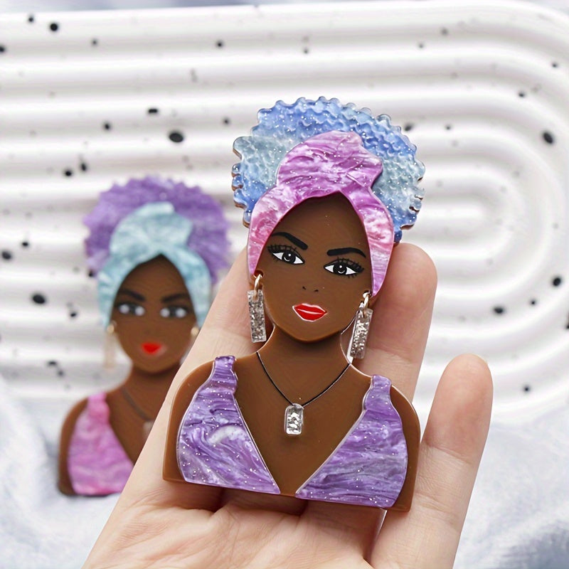 Vintage Gothic Style Acrylic Fashion Girl Brooch featuring a Black Skin Girl design, perfect as a unique Novelty Clothing Accessory for Women.