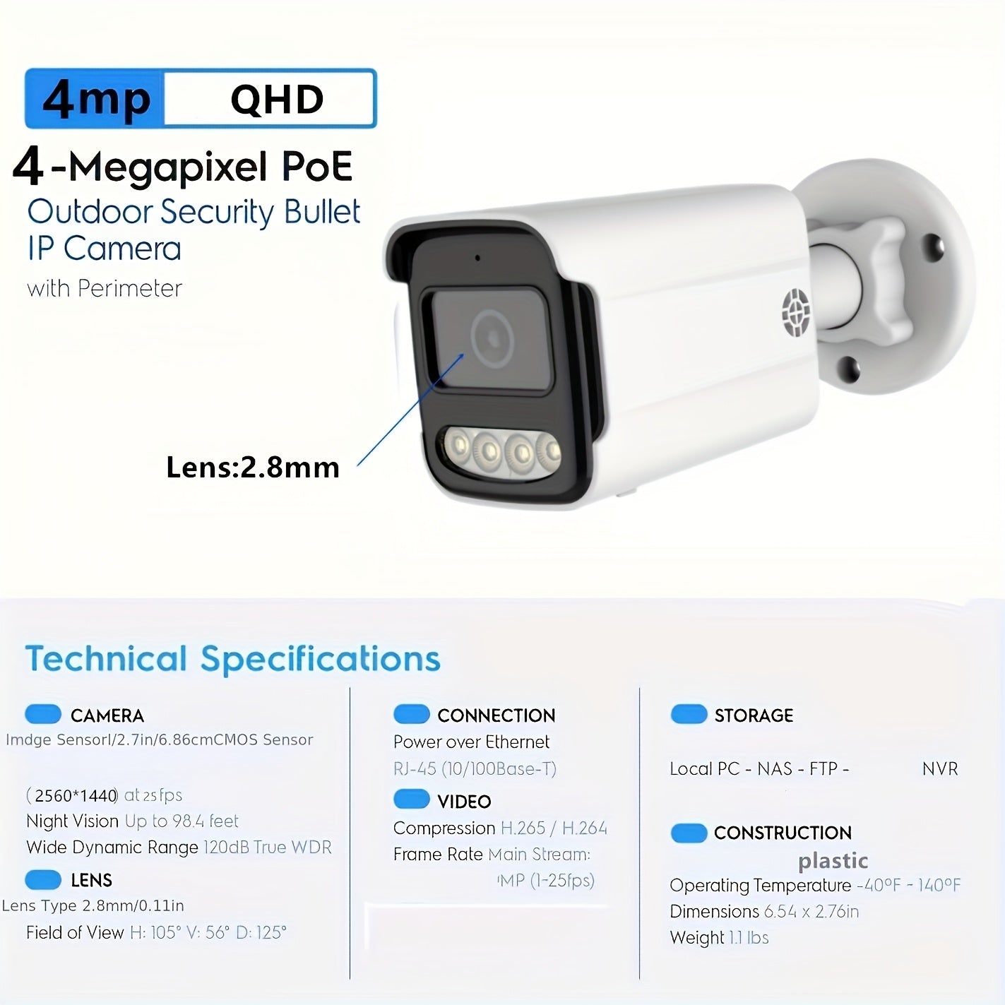 H.265 4MP 2K Security POE IP Camera with Night Vision, Human Detection, One-Way Audio, and AI Surveillance for POE NVR System. Features 108° Wide 2.8mm Lens and Outdoor Plastic Housing with