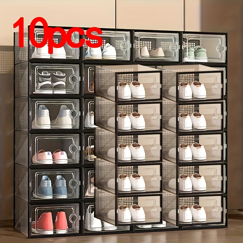 An assortment of clear plastic shoe containers in different dimensions, created for easy stacking and acting as multiple-tier shoe storage units that keep dust at bay. These adaptable shoe organizers are ideal for showcasing in homes and dorm rooms