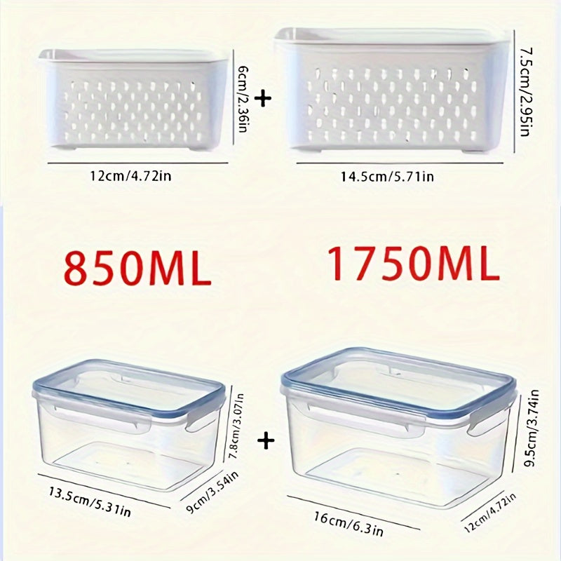 Set of four leak-proof and BPA-free food storage containers with a 2-layer airtight design, perfect for convenient meal prep. These reusable and stackable organizers are great for storing fruits, vegetables, meat, and grains in the kitchen.