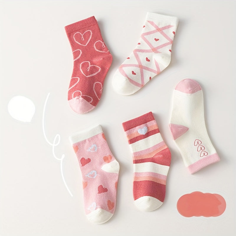 10 pairs of girl's knitted socks with cartoon heart pattern, soft and breathable for outdoor wear.