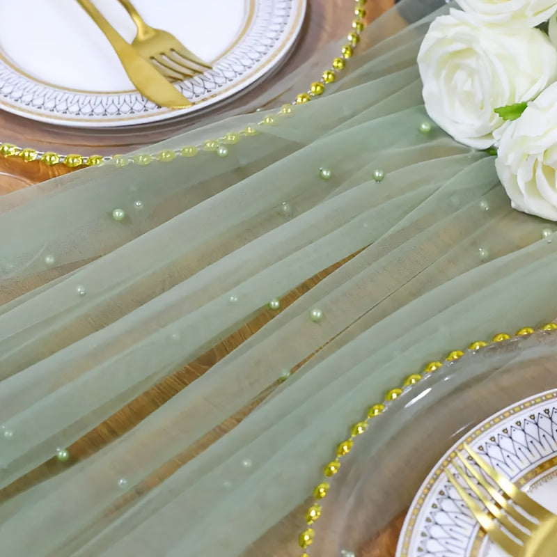 1 pc Pearl Table Runner for Wedding Arch Decor, Bridal Shower, and Event Decoration, featuring Romantic Pearl Lace embroidery on a Clear Wrinkle-Proof White Chiffon Tulle fabric.