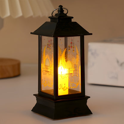 Rustic LED lantern for home decor and festive celebrations, battery operated with included button battery, perfect for Eid al-Fitr and holiday ambiance. Traditional style lantern made of