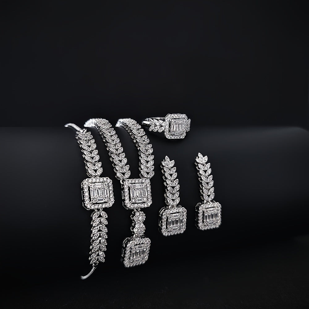 Sophisticated 4-piece Jewelry Set featuring Cubic Zirconia - Opulent Necklace, Earrings, Bracelet, and Ring perfect for Weddings, Engagements, and Special Events.