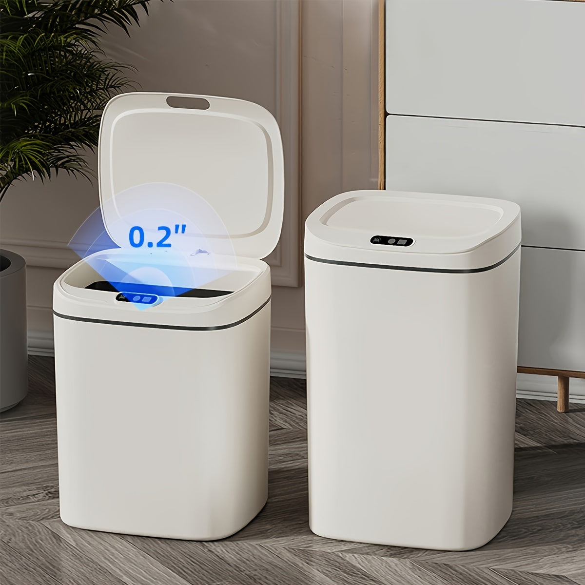 Smart detector trash can with quiet close and odor-proof; multiple capacity options for various rooms; battery operated (AA), batteries not included.