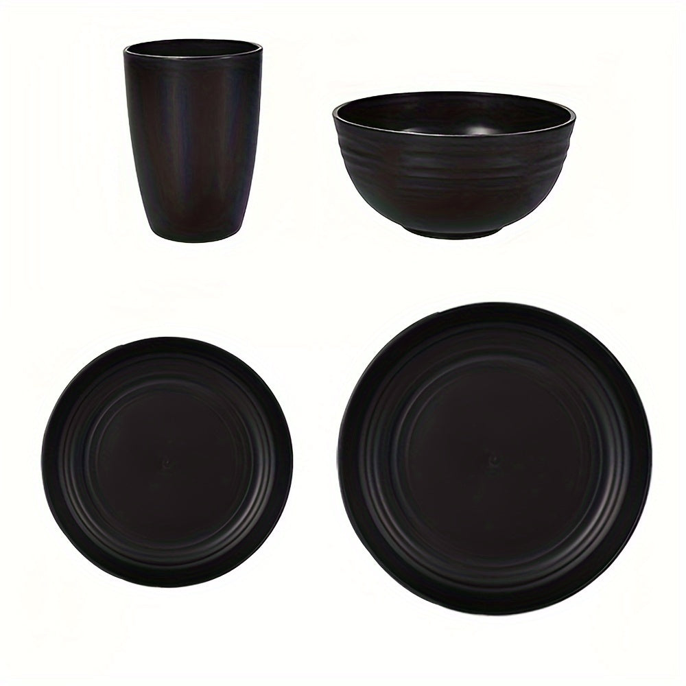 32 matte black plastic kitchen utensils for home and restaurant use, including dinner plates, dessert plates, bowls, and cups.