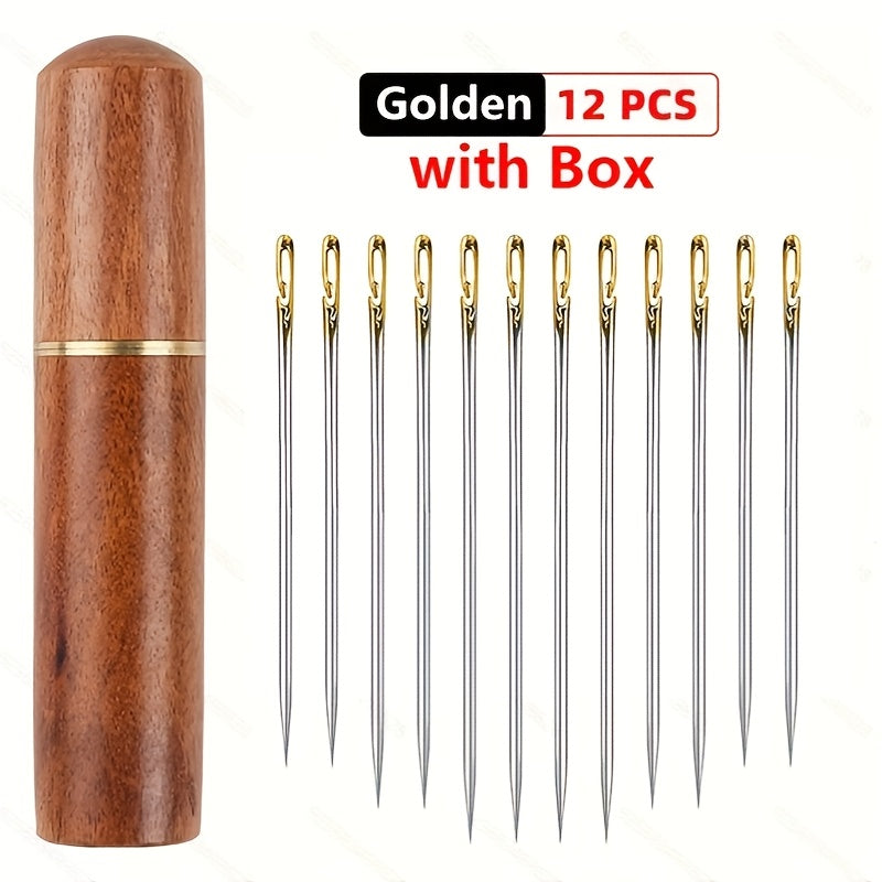 12 pieces of side hole blind sewing needles for the elderly, suitable for hand sewing and DIY home projects with self-threading capability.