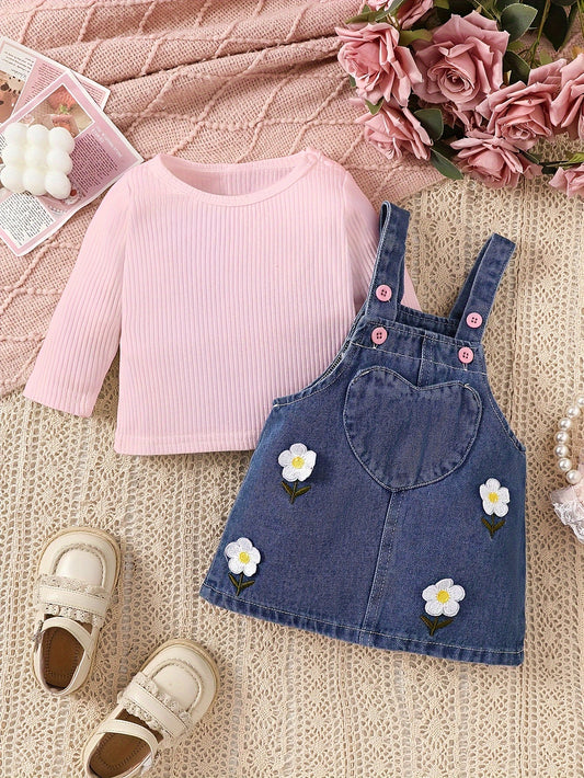 Girls' denim dress with embroidered flowers, long sleeve top, two-piece set. Regular fit, stretchy fabric, ideal for autumn/winter. Made of polyester/cotton blend. Suitable for infants.