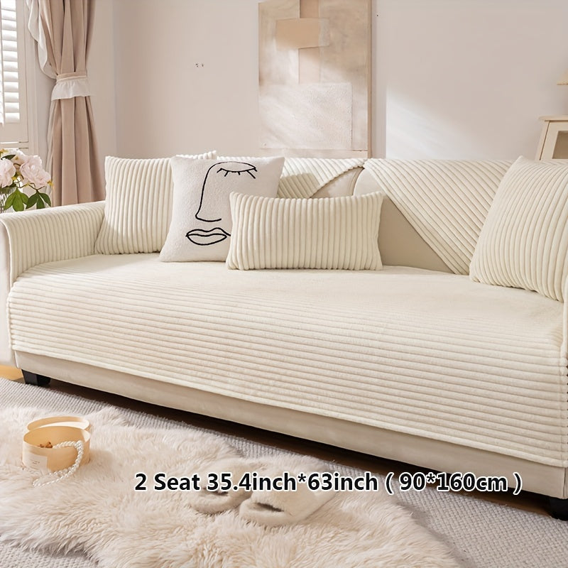 Thick plush sofa cover with stripes for winter, non-slip and anti-dirty. Modern style for home protection and decoration.