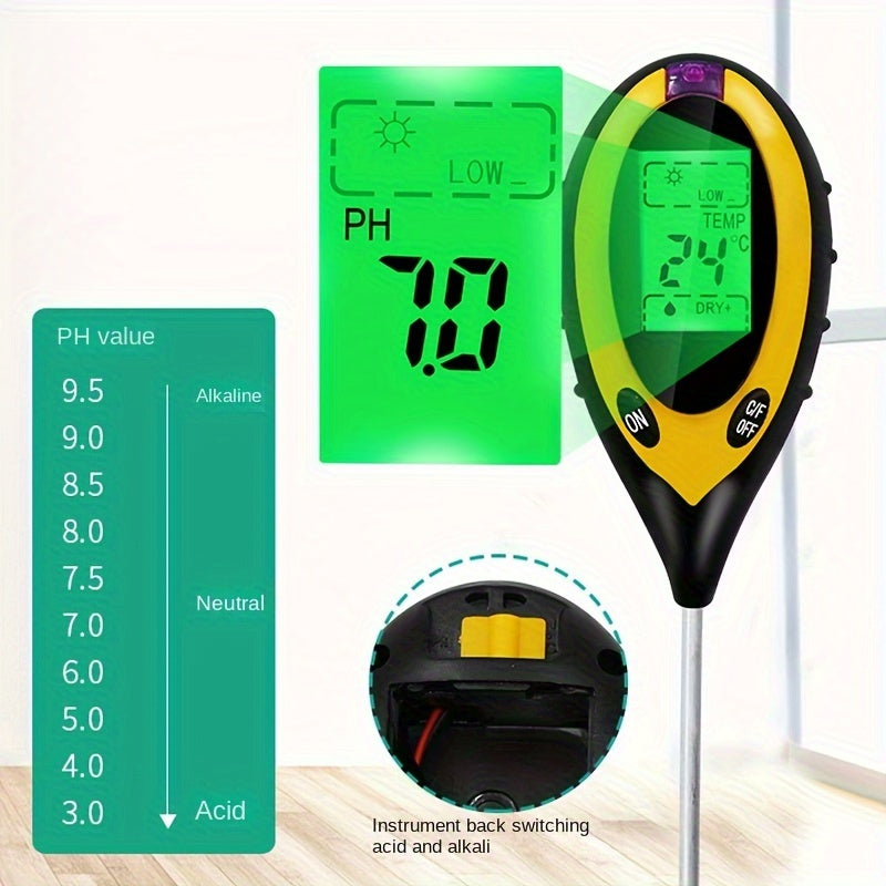 Soil Tester measures moisture, temperature, fertility, and pH levels accurately.