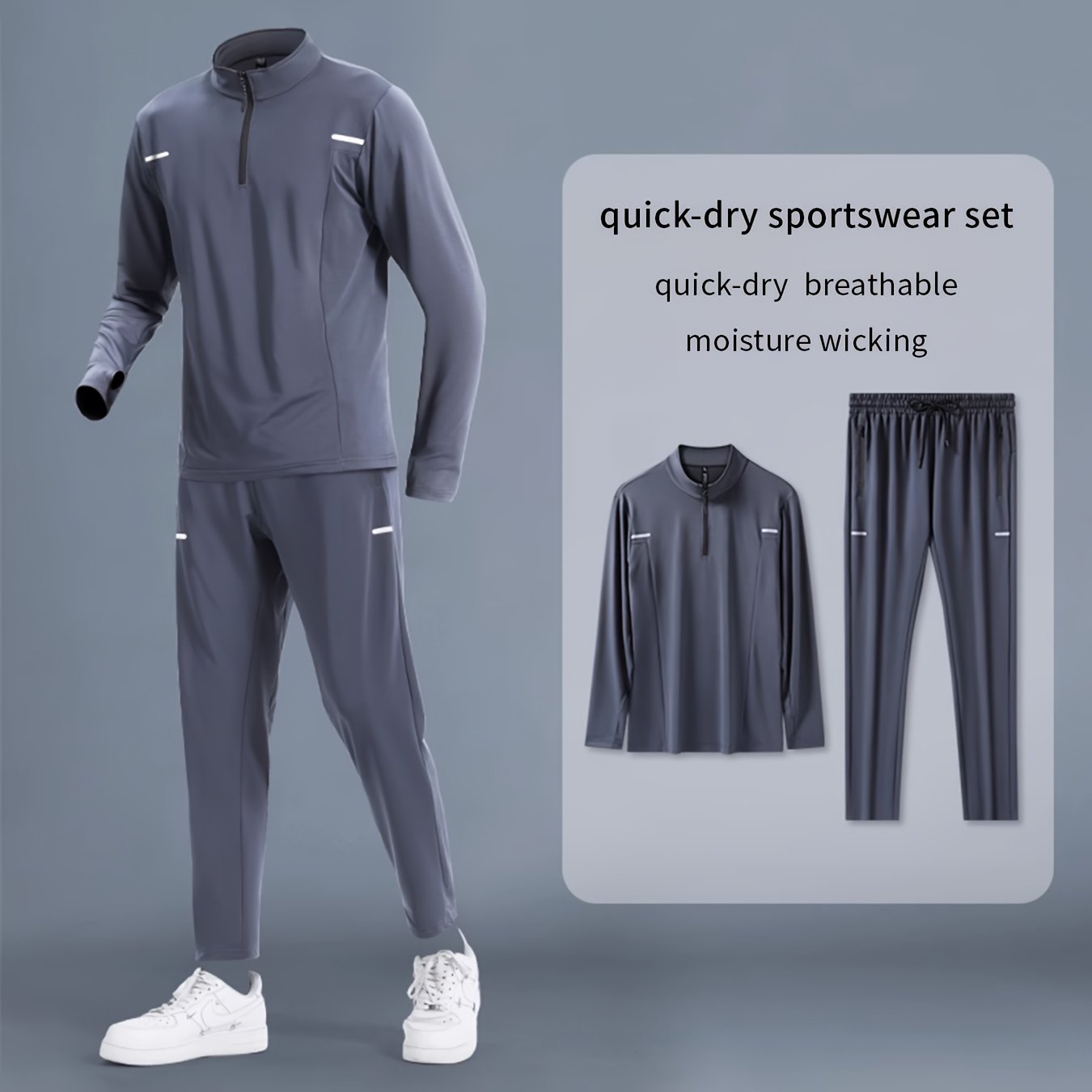 Men's Quick-Dry Athletic Set - Long sleeve zip-up jacket with stand collar, matching pants, striped detail, for running, cycling, and fitness, all seasons, breathable and moisture-wicking.