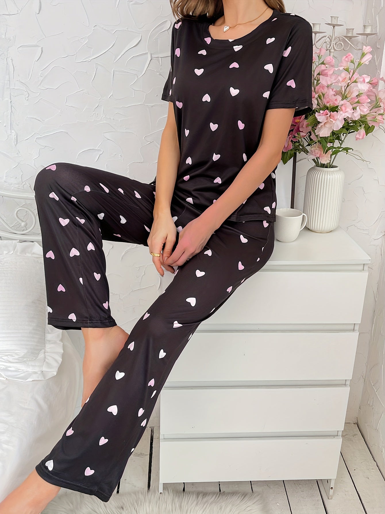 Heart Print Pajama Set for Women, featuring Short Sleeve Top and Elastic Waistband Pants, perfect for Sleepwear and Loungewear.