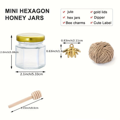 60/50/30/20 Honey Jars, 1.5 oz Hexagon Mini Glass Jars with Wood Dipper, Golden Lid, Bee Pendant, Jute Rope - Perfect for Jam, Candies, Baby Showers, Weddings and Favors.