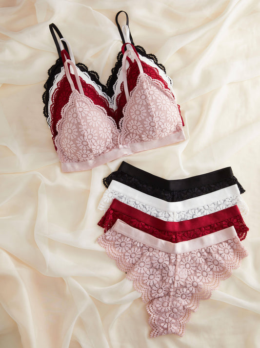 4-Piece Floral Lace Lingerie Set with Triangle Cups and Scallop Trim Panties