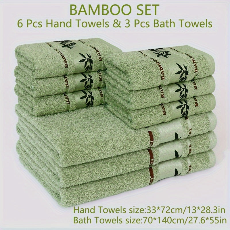 Bamboo Bliss 9pc Towel Set - 70% Bamboo Fiber, 30% Cotton, Soft & Quick-Dry, Includes 6 Hand Towels & 3 Bath Towels, Embroidered, for Bathroom & Gym, Wash Cloths