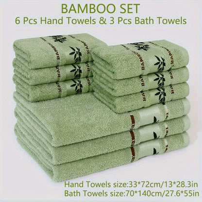 Bamboo Bliss 9 dona sochiq to'plami - 70% bambuk tolasi, 30% paxta, yumshoq va tez quriydigan, 6 ta qo'l sochiq va 3 ta hammom sochiqni o'z ichiga oladi, tikilgan, hammom va sport zaliga mo'ljallangan, yuvish matolari.