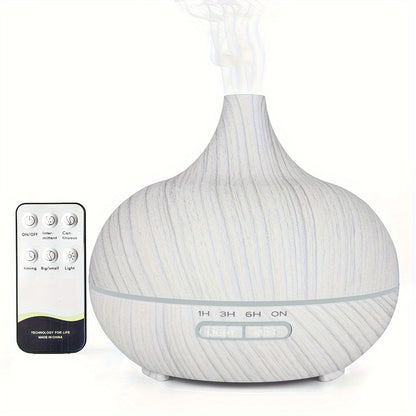 550ml essential oil diffuser with remote control and soundwave technology, auto shut off, 4 timing settings, and 7 LED lights for home or office use.