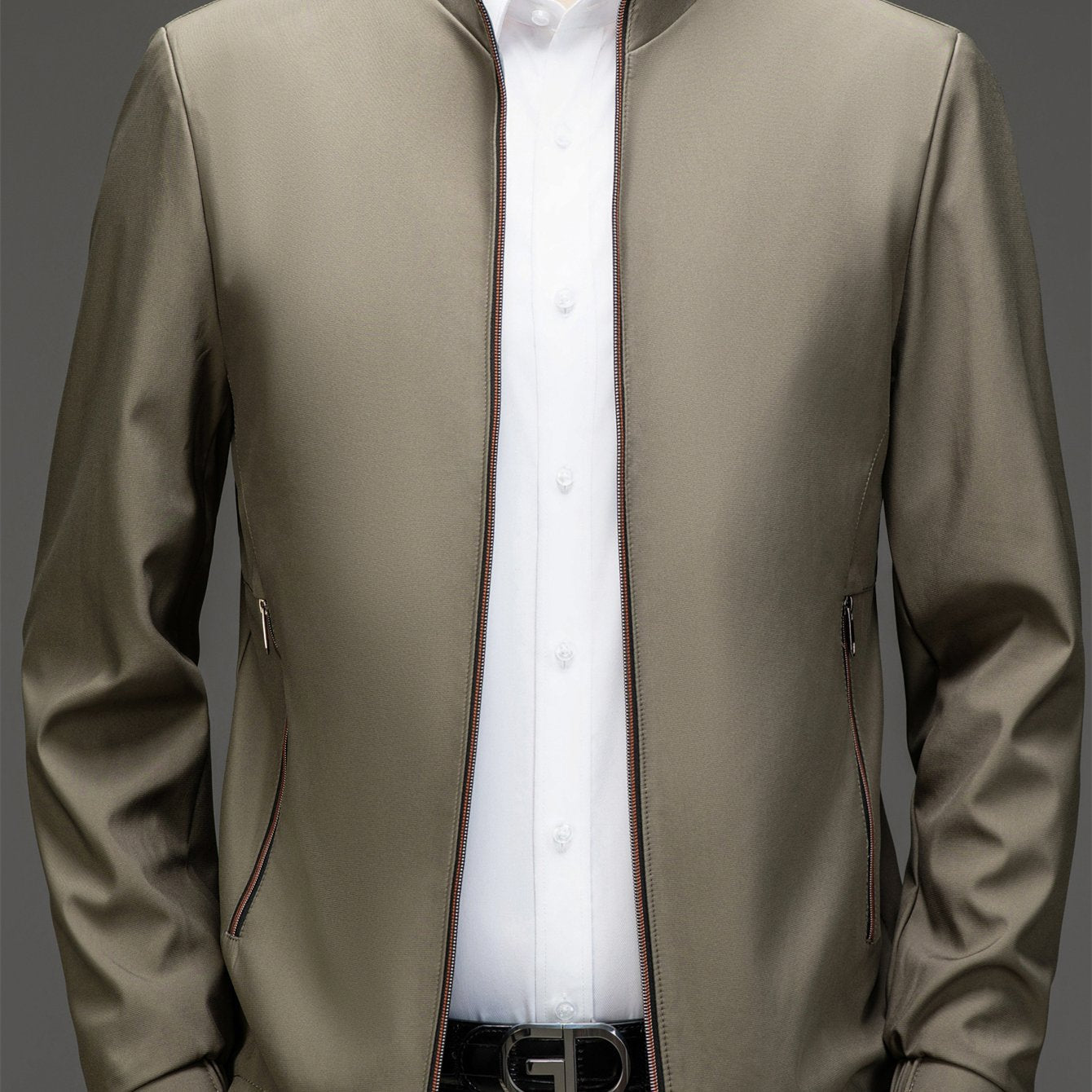 Men's loose solid jacket with zipper pockets, formal stand collar, zip up long sleeve outwear for outdoor.