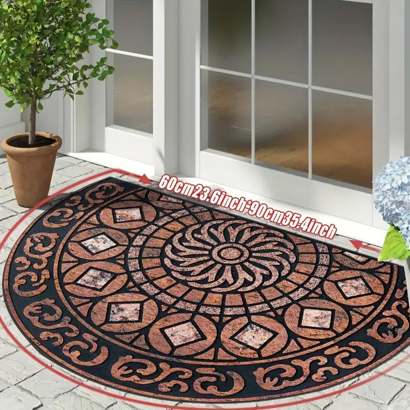 Add a touch of elegance to your entryway with our chic semi-circular front door mat. This chunky, durable mat is stain-resistant and features a non-slip back, making it perfect for use on entrance carpets in your porch or interior spaces. Elevate your