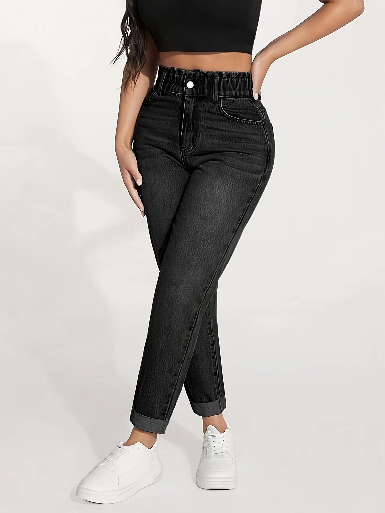 Stretch denim jeans for women with elastic waistband, butt lifting, comfort fit, and machine washable.