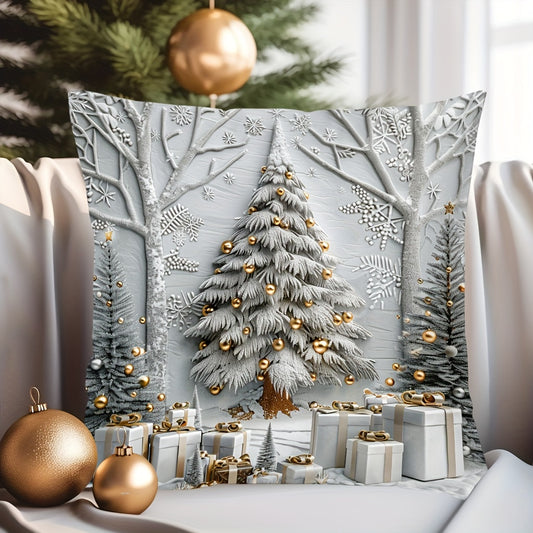 1pc Christmas Tree and Gifts Pattern Throw Pillow Cover, Contemporary Style, 44.96cm x 44.96cm, Zipper Closure, Hand Wash, 100% Polyester, Sofa Decor