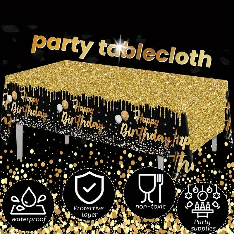 Happy Birthday Tablecloth, Black and Golden Rectangle Tablecover for Party Decorations. Great for BBQs, tea parties, anniversaries, and holidays. Perfect gift for men, women, birthdays