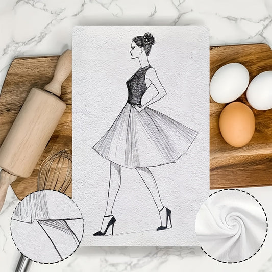 Two pieces of ultra soft kitchen towels featuring an elegant woman line art design. These highly absorbent and quick-dry dish hand towels are machine washable and have a contemporary style. With dimensions of 40.64x60.96 cm, they are perfect for holiday