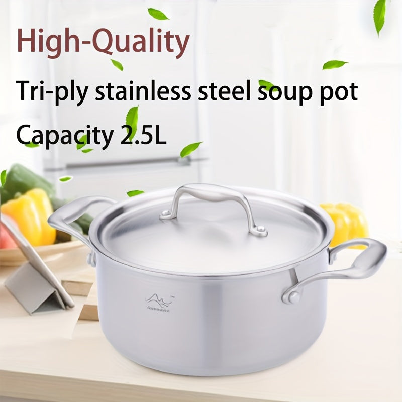 Upgrade your kitchen with our Premium 2.5L Tri-Ply Stainless Steel Soup Pot. This induction-compatible pot is designed for durability and comes with a lid to help you create perfect soups, stews, and sauces. Don't miss out on this versatile cookware