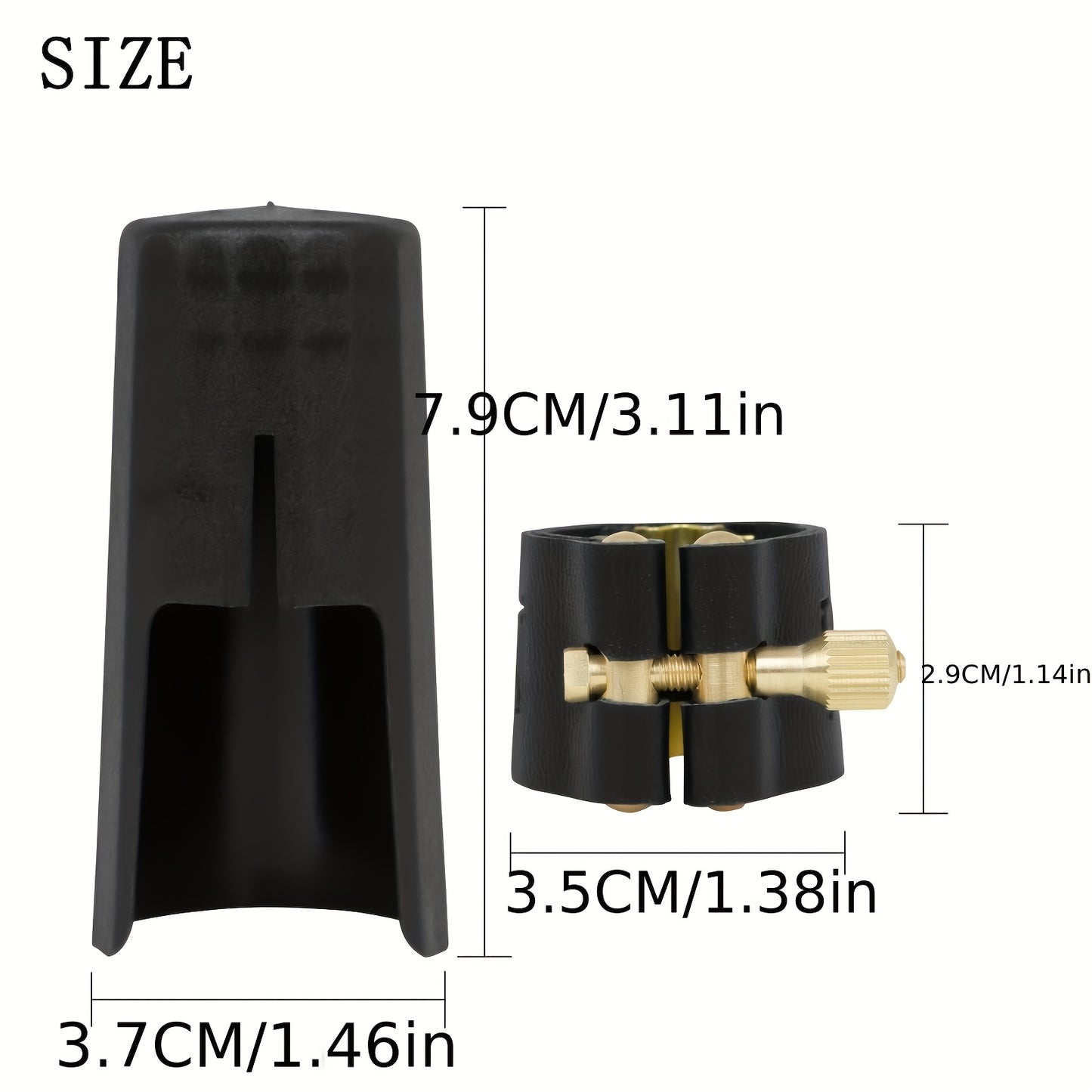 M MBAT JS04 Clarinet Saxophone Metal Clip in Black with Cap, packaged in a White Cardboard Box along with a Piccolo.