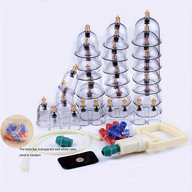 32 pieces of plastic vacuum cupping cups with pump for body massage and health care.